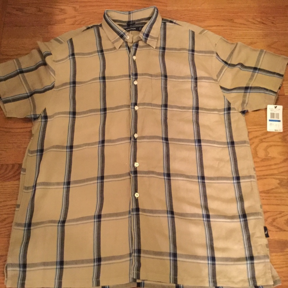 NWT Men’s Nautica tan plaid linen shirt  XXL